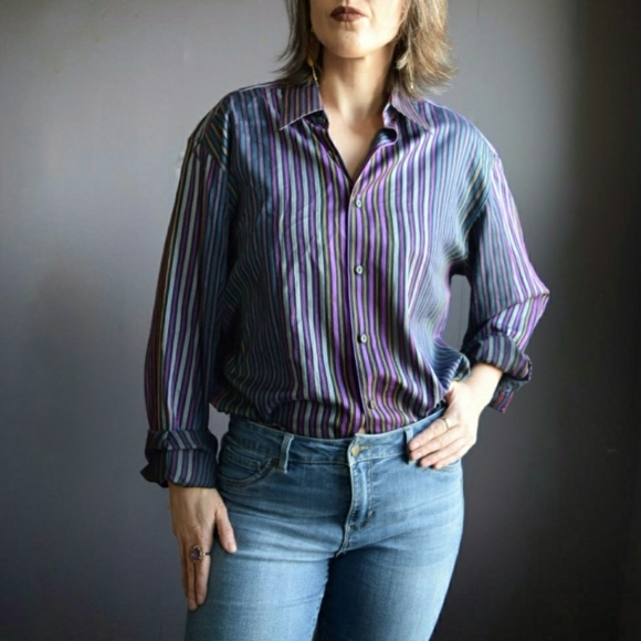 Robert Graham 100% Cotton with 100% Silk Detail, Colourful Pin Stripe Button Up - Picture 2 of 5